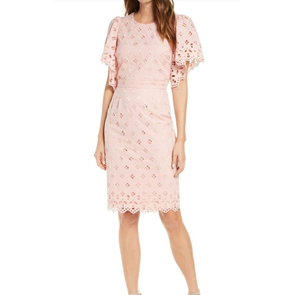 RACHEL PARCELL Eyelet Sheath Pink Midi Dress 100% Cotton Size XXS NWOT